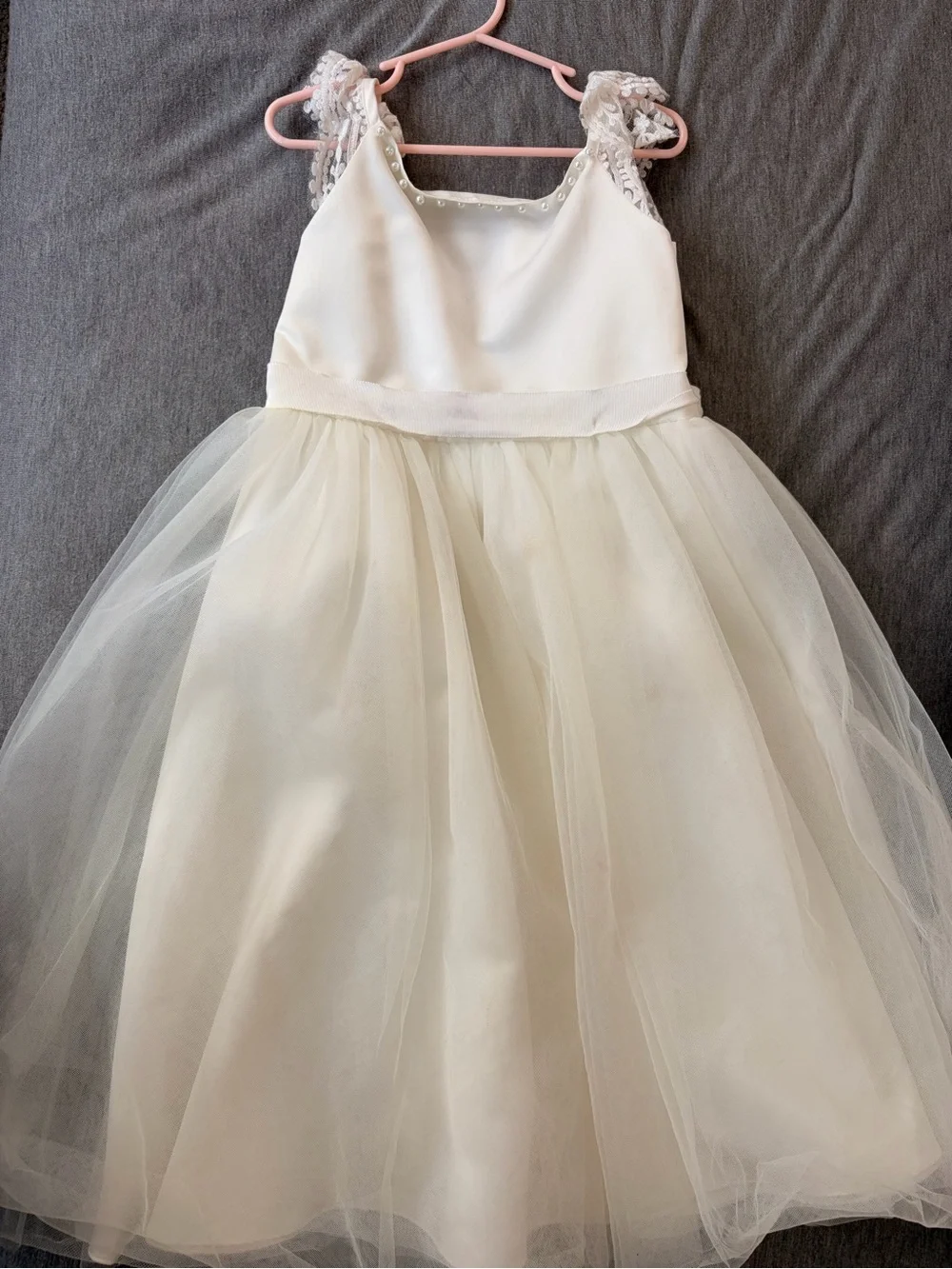 David's Bridal Ivory Tulle Flower Girl Dress with Lace Straps - Picture 3 of 4